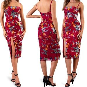 HELSI Sonya Floral Sequin Cocktail Midi Dress in Crimson Floral